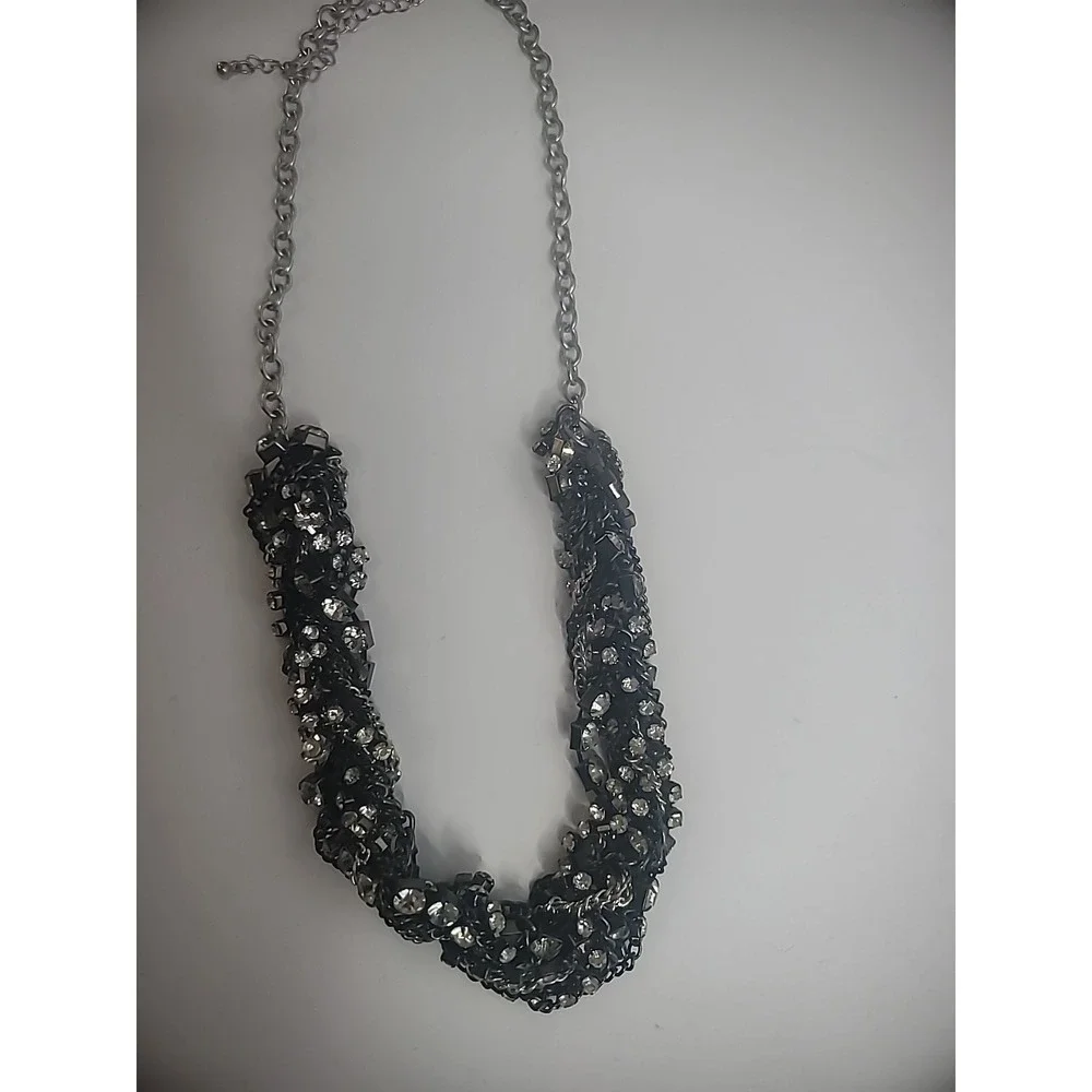 Vintage Silver Black Chain Crystals White Twisted Statement Jewelry Costume